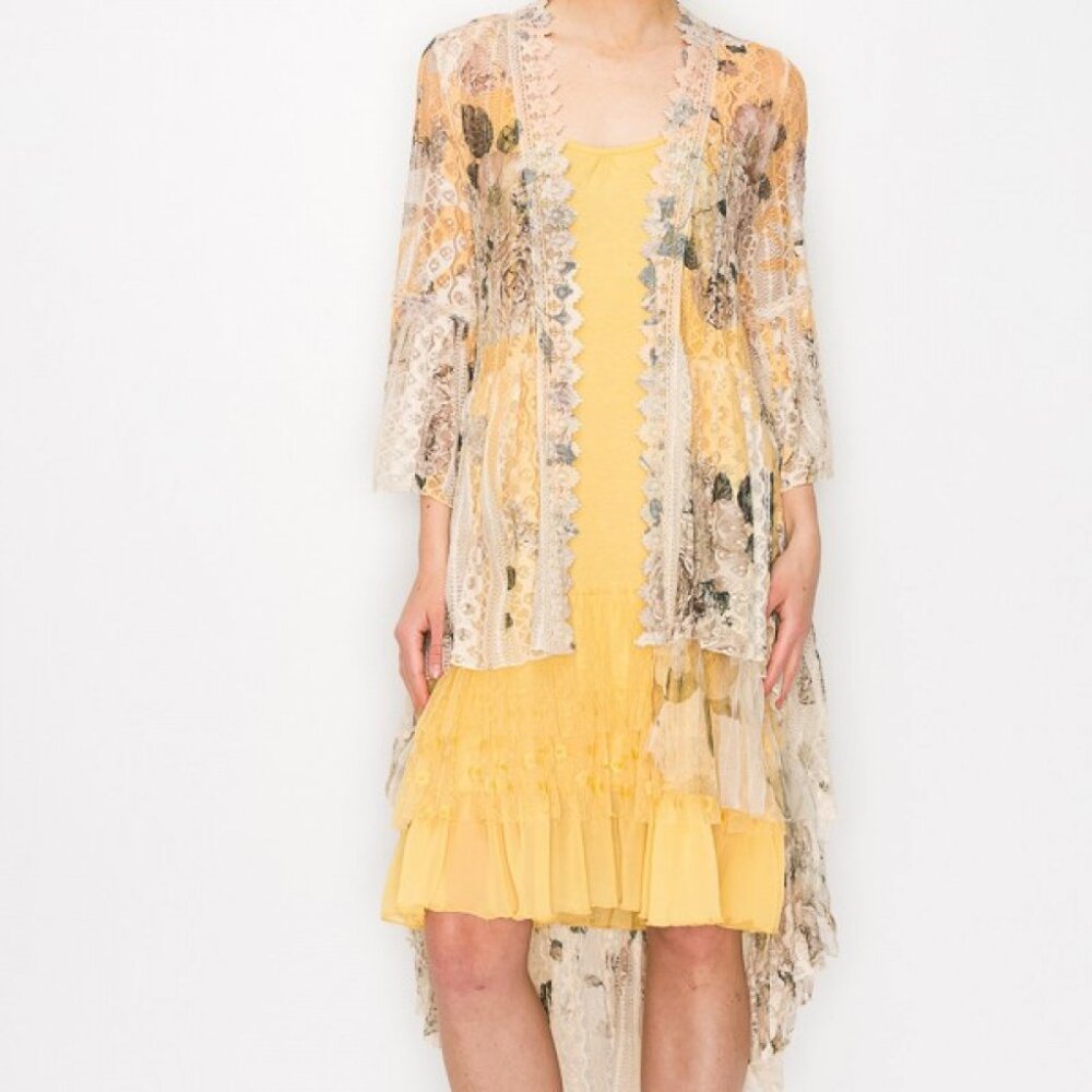 NEW ORIGAMI DESIGNER  FLORAL LACE YELLOW SM-4X bohemian western duster CARDIGAN